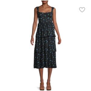 We Wore What Corset Floral Print Tiered Midi Dress XS Black Floral